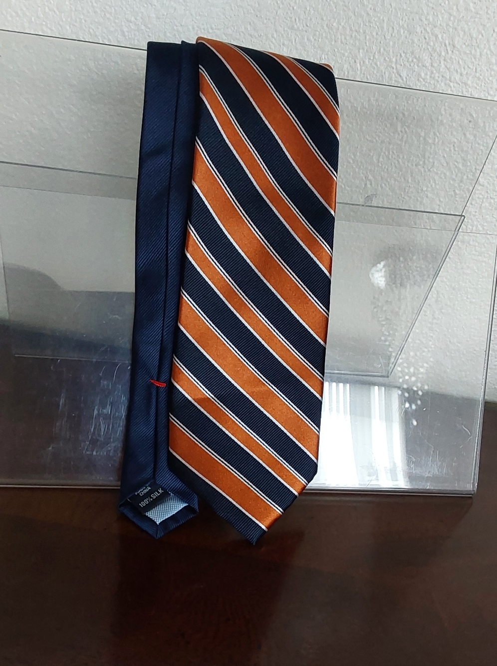 Tommy Hilfiger Navy and Orange Striped Silk Tie‎